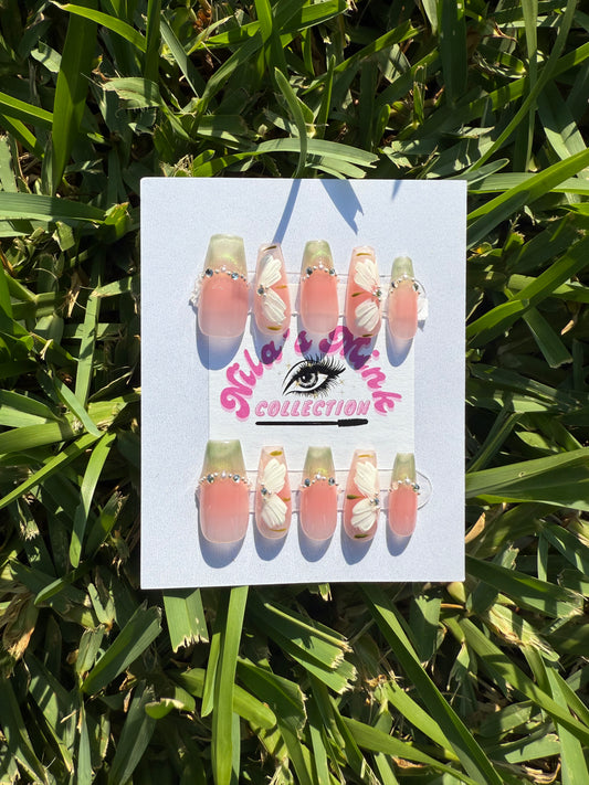 Sage Blossom” Press-On Nail Set | Green French Tips, 3D Flowers & Pearls | Blush Ombre Coffin Nails | Handmade Floral Glam Set