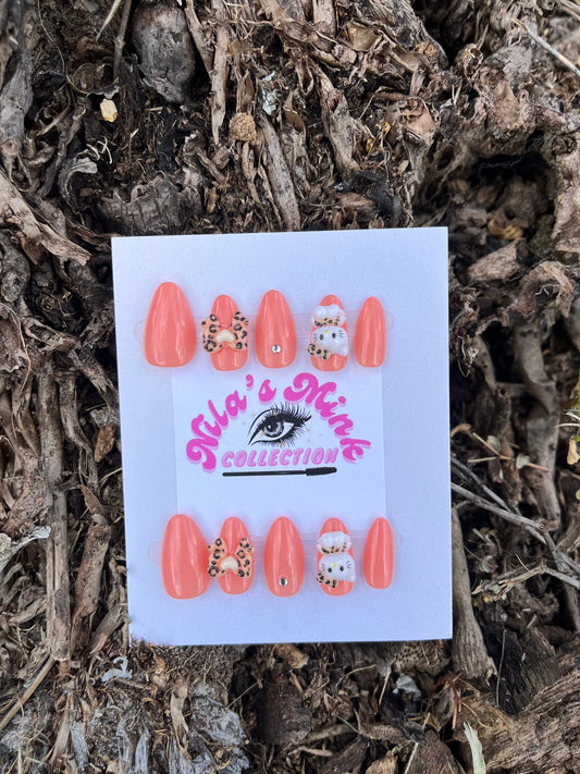 Coral Leopard Kitty Press-On Nail Set | 3D Bow & Kitty Charms | Coral Gloss Nails | Cute & Fierce Nail Art (FREE POUCH)