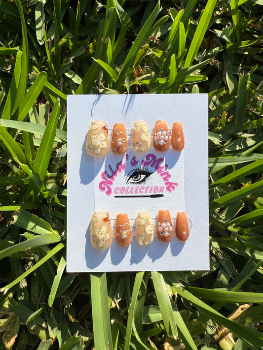 Mocha Golden Bloom Press-On Nail Set | Warm Nude Tones, 3D Florals & Pearl Accents | Short Square Nails | Handmade Elegant Design