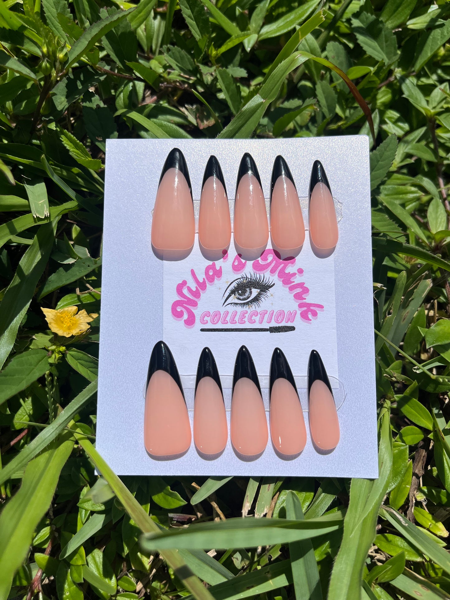 Midnight Tips – Press-On Nail Set | Long Almond Black French Tips | Bold, Sleek & Sophisticated