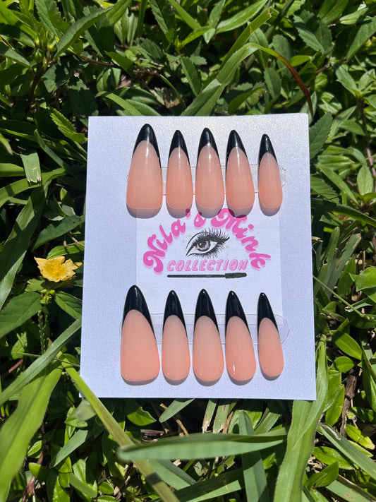 Midnight Tips – Press-On Nail Set | Long Almond Black French Tips | Bold, Sleek & Sophisticated