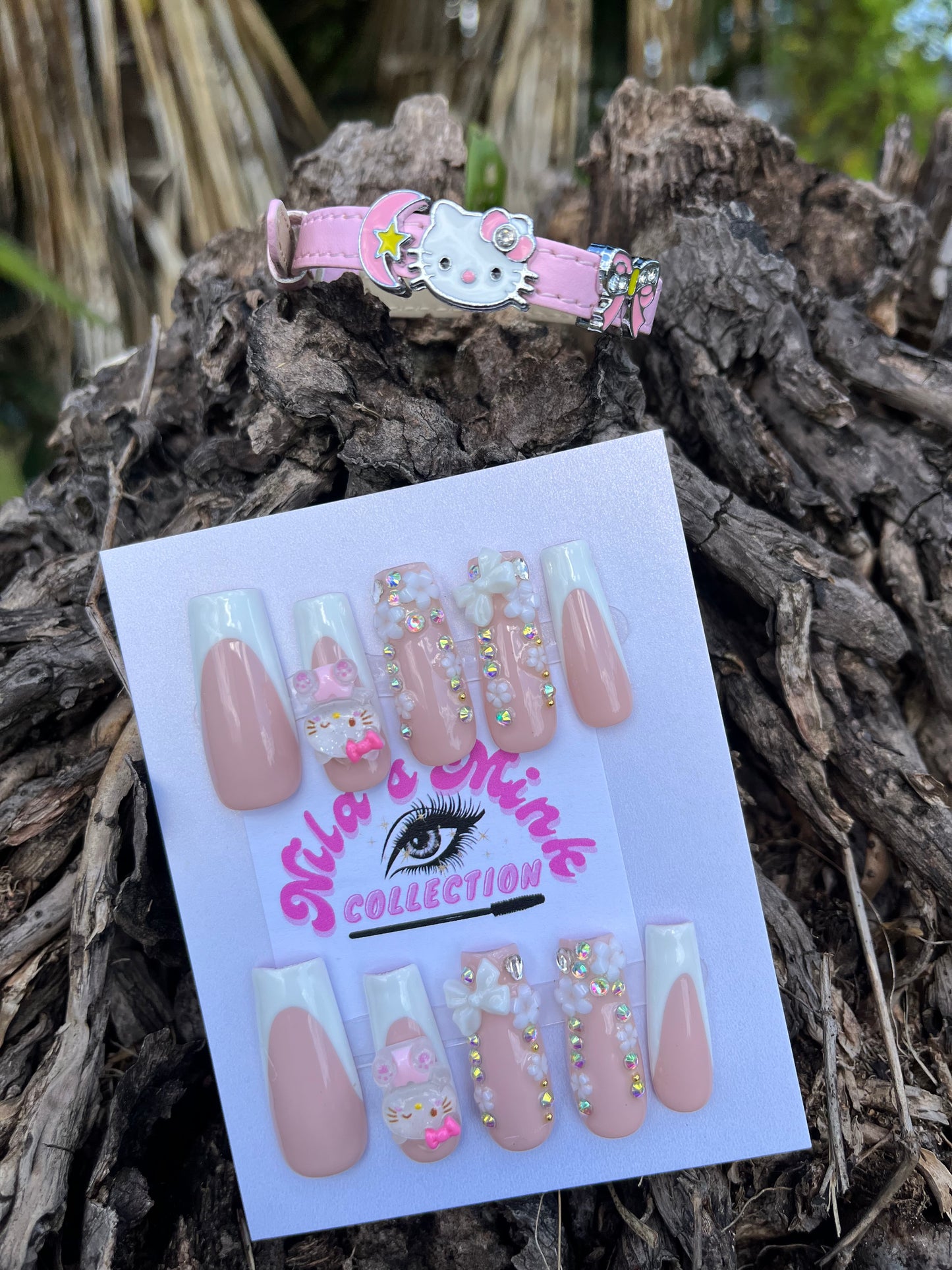 Sweetheart Kitty” Press-On Nail Set | 3D Kitty Charms | Pink & White French Tips | Cute Glam Nails (FREE BRACELET)