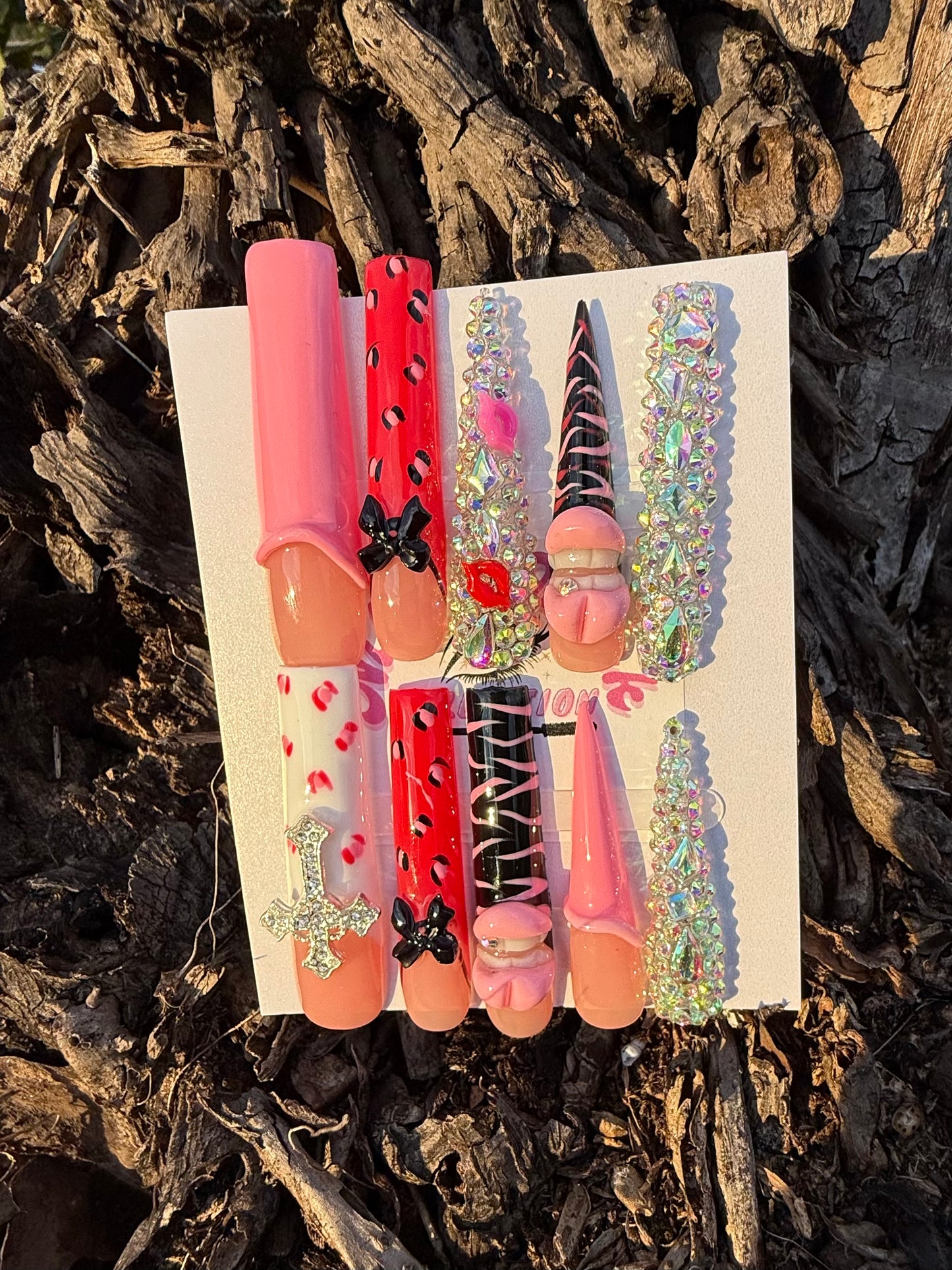 Edgy Pink Glam Press-On Nail Set | Long Coffin | Bold Charm Statement Nails