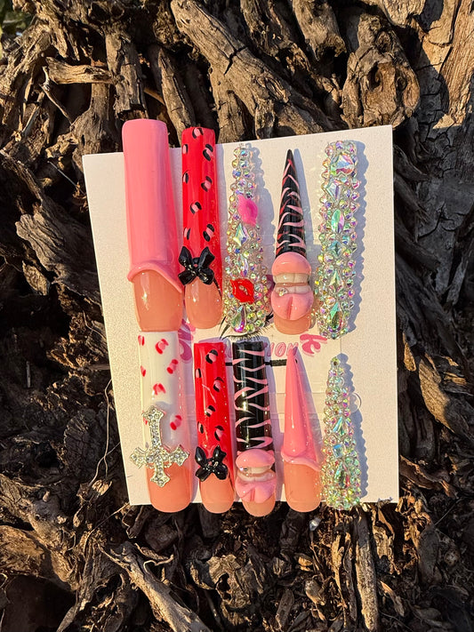 Edgy Pink Glam Press-On Nail Set | Long Coffin | Bold Charm Statement Nails