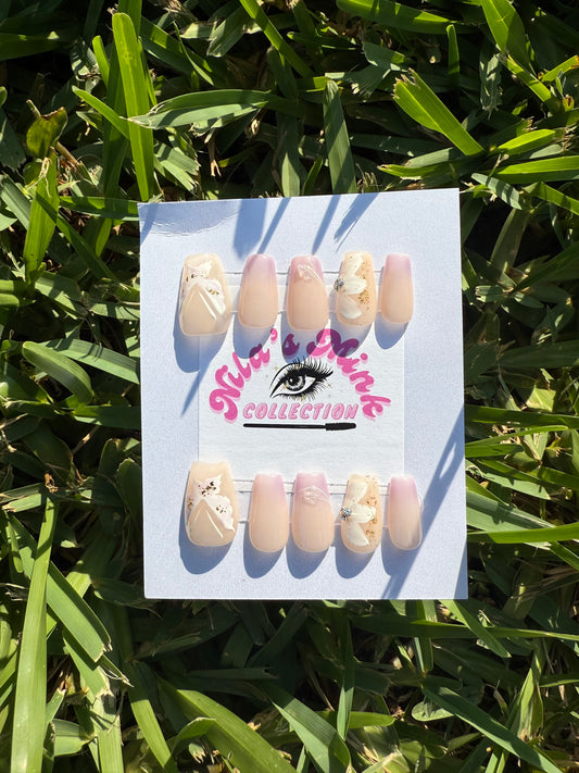 Lilac Ivory Petal Press-On Nail Set | Nude Ombre Base with 3D Floral Accents & Gold Foil | Coffin Shape | Bridal-Ready Elegance