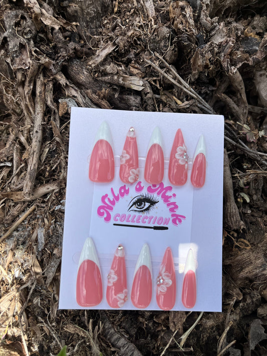 Soft Bloom Frenchies” Press-On Nail Set | Pink & White French Tips | 3D Floral Accents | Girly Elegance Nails ( FREE BRACELET)