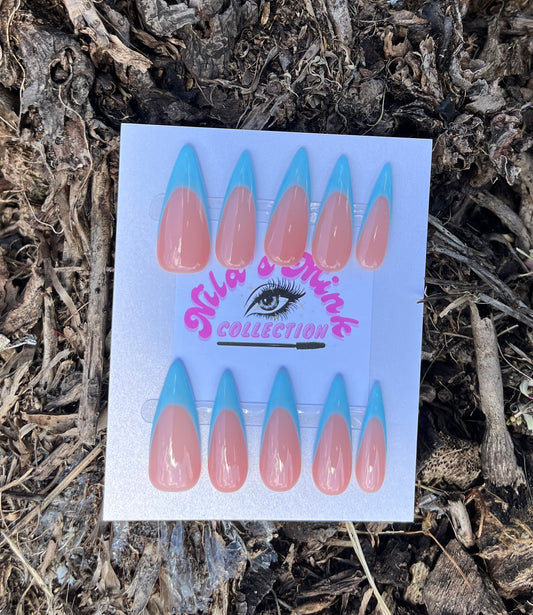 Skyline Frenchie Press-On Nail Set | Long Stiletto Blue French Tips | Nude & Sky Blue | Trendy Everyday Nails (FREE BRACELET)