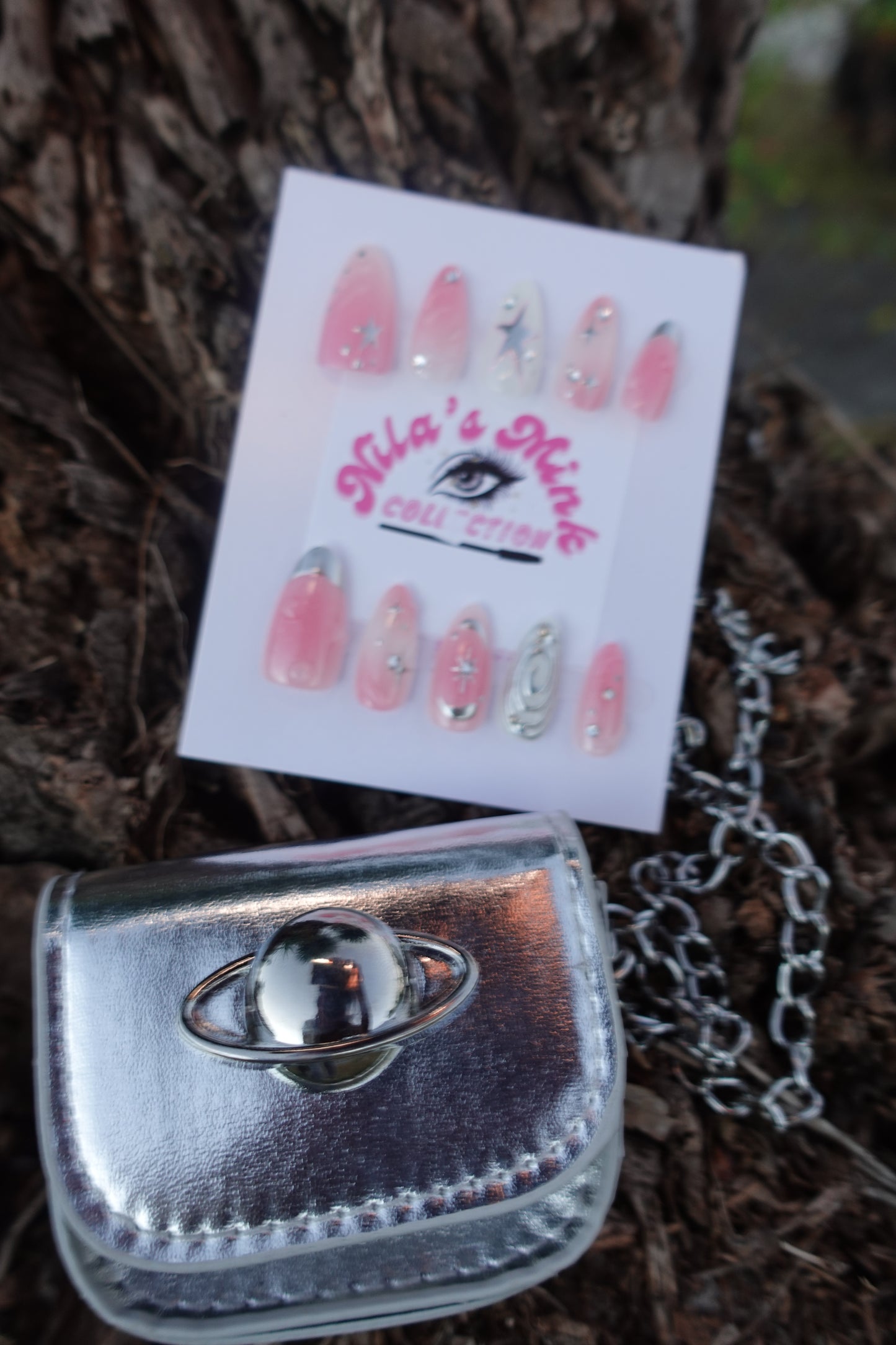 Cosmic Pink Star Press-On Nail Set | Pink Chrome Nails | 3D Silver Stars | Celestial Glam Nails (FREE PURSE)