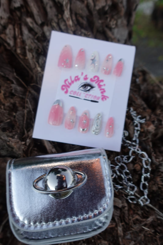 Cosmic Pink Star Press-On Nail Set | Pink Chrome Nails | 3D Silver Stars | Celestial Glam Nails (FREE PURSE)