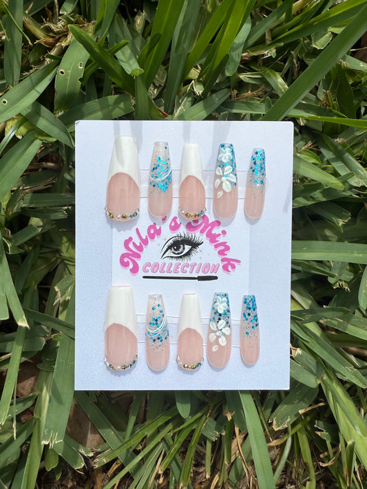 Frozen Bloom Press-On Nail Set | Blue Glitter, 3D Flowers & White French Tips | Nude Base | Coffin Shape