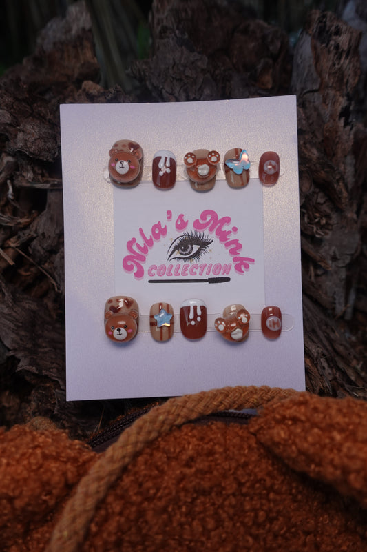 KIDS Honey Bear Dream Press-On Nail Set | 3D Teddy Charms | Brown & Nude Kawaii Nails | Cozy Cute Nail Art (FREE PURSE)