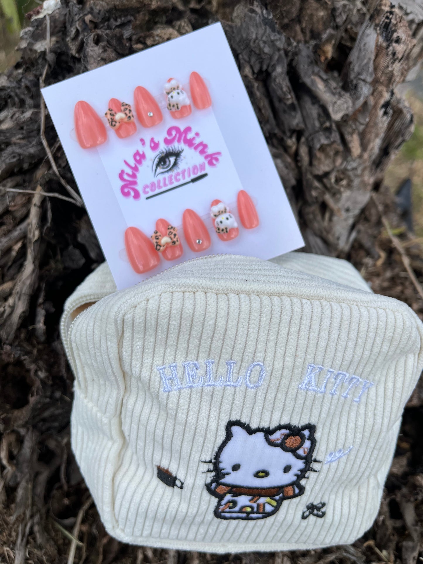 Coral Leopard Kitty Press-On Nail Set | 3D Bow & Kitty Charms | Coral Gloss Nails | Cute & Fierce Nail Art (FREE POUCH)