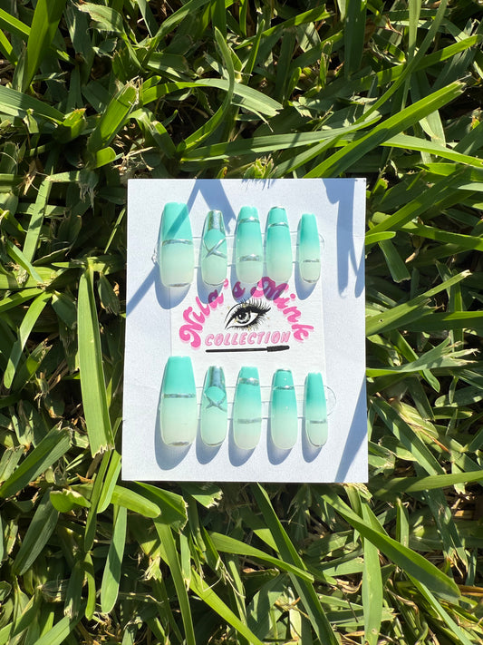 Mint To Be Press-On Nail Set | Mint Ombré, Silver Line Accents & Crystal Charm | Glossy Square Nails | Handmade Trendy Set