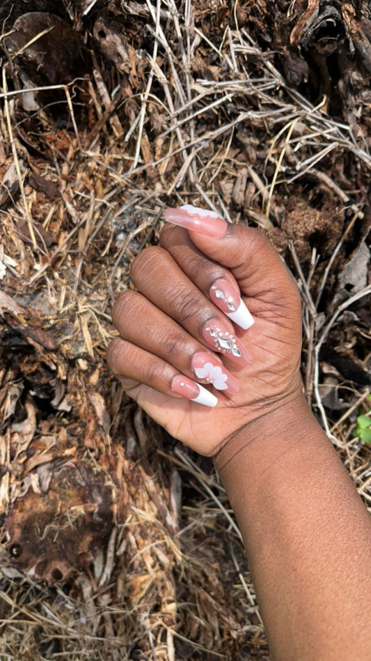 Crystal Blush-  Press-On Nail Set | Pink Base, French Tips, Rhinestone Charms & 3D Floral Accents | Almond Shape | Handmade Elegant Set