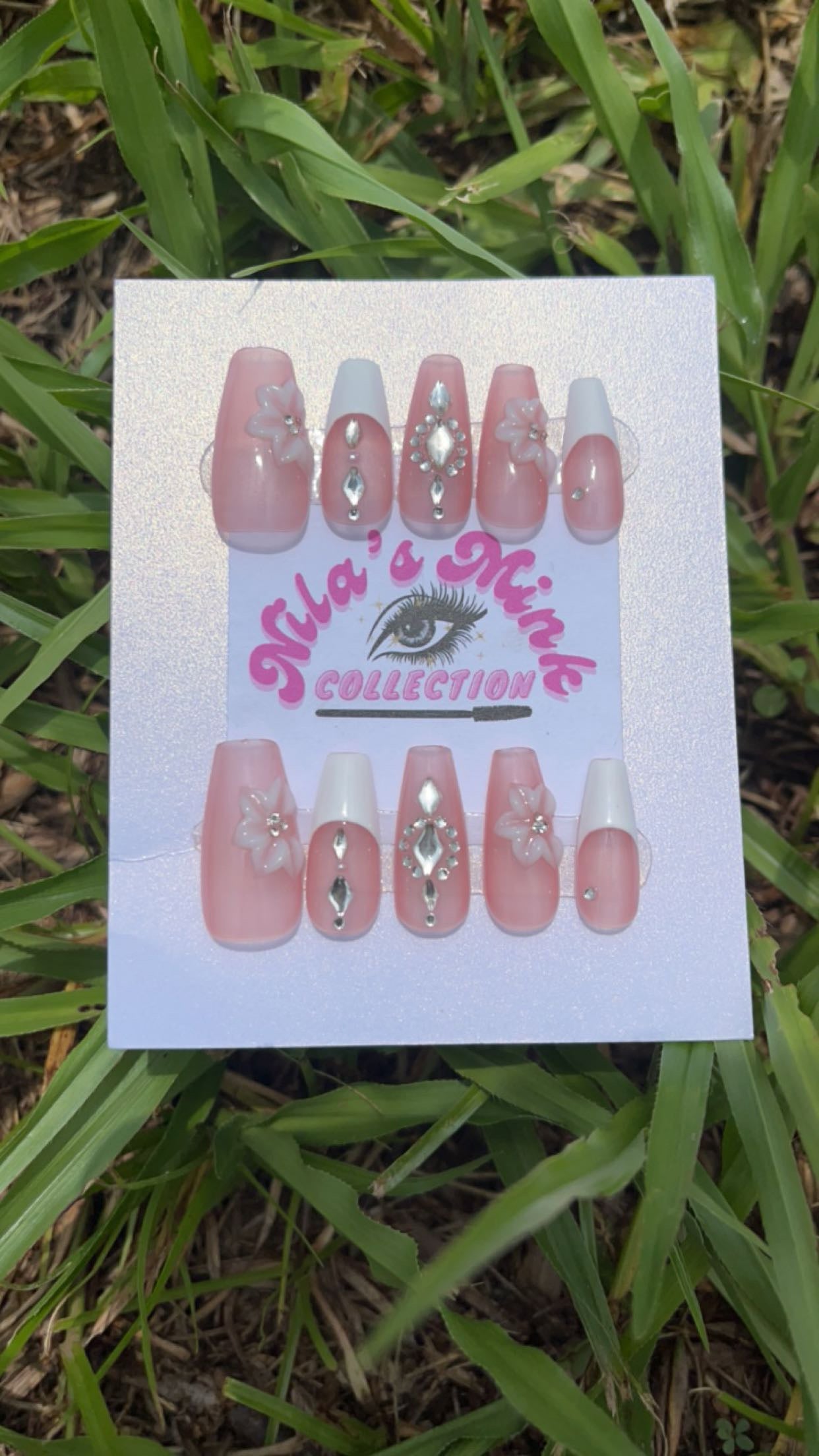 Crystal Blush-  Press-On Nail Set | Pink Base, French Tips, Rhinestone Charms & 3D Floral Accents | Almond Shape | Handmade Elegant Set