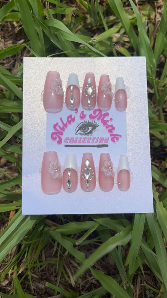 Crystal Blush-  Press-On Nail Set | Pink Base, French Tips, Rhinestone Charms & 3D Floral Accents | Almond Shape | Handmade Elegant Set